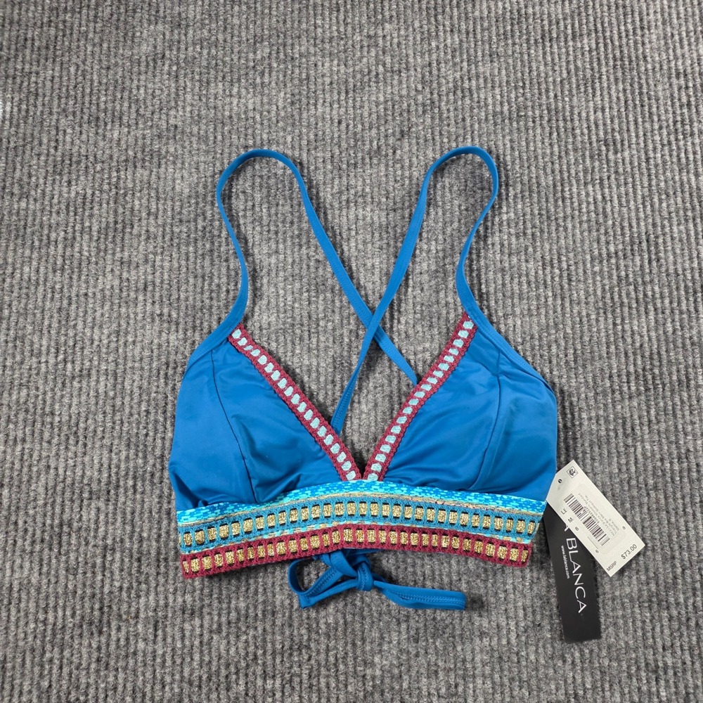 La Blanca Marina Triangle Bra Bikini Swimsuit Top Blue Embroidered Metallic 8